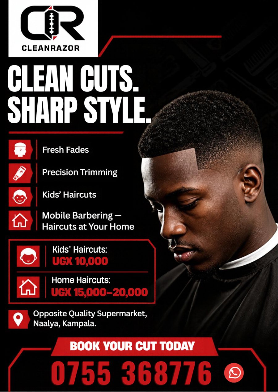 CleanRazor promotional flyer with the headline Clean Cuts. Sharp Style., a services list with pricing, and the booking number 0755 368776